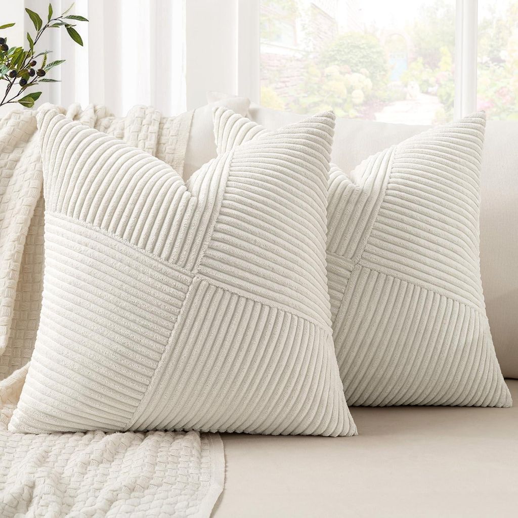 Set mit 2 Kissenbezügen, 60 x 60 cm, cremefarbener Cord-Dekokissenbezug für das Sofa mit gestreiftem Patchwork-Design für das Wohnzimmer