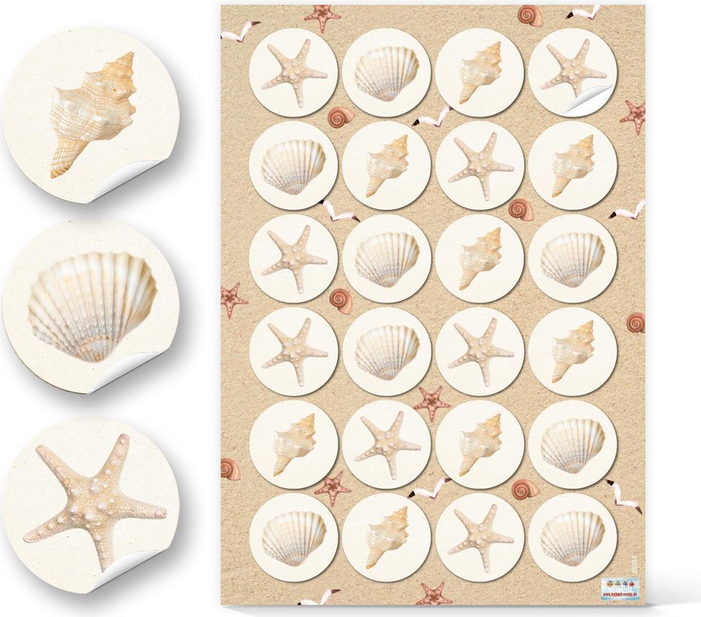 Maritime Aufkleber Muschel sandfarbe beige weiß 4 cm rund 1 Bogen / 24 Aufkleber2 Bögen / 48 Aufkleber