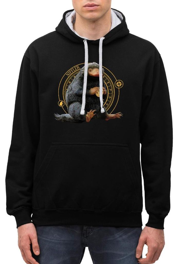 Spreadshirt Phantastische Tierwesen Niffler mit Gold Uni Kontrast Hoodie, S, Schwarz/Grau meliert