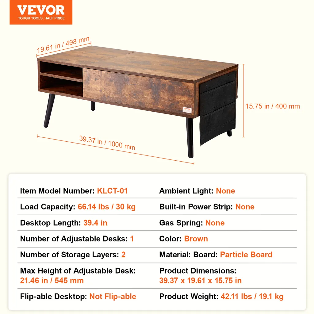 Table Basse Plateau Relevable Gain de Place Marron avec Rangement VEVOR - 7