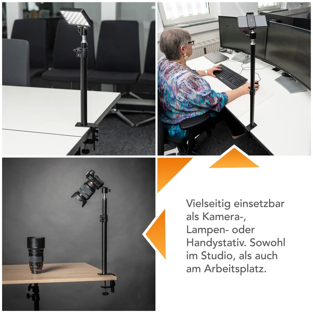 Walimex pro Treppiede per lampada da tavolo regolabile in altezza da 35 a 65 cm, treppiede da tavolo con testa a sfera per rotazione di 360° e inclinazione di 90°, treppiede con attacco a morsetto per illuminazione da studio e telecamera - 15