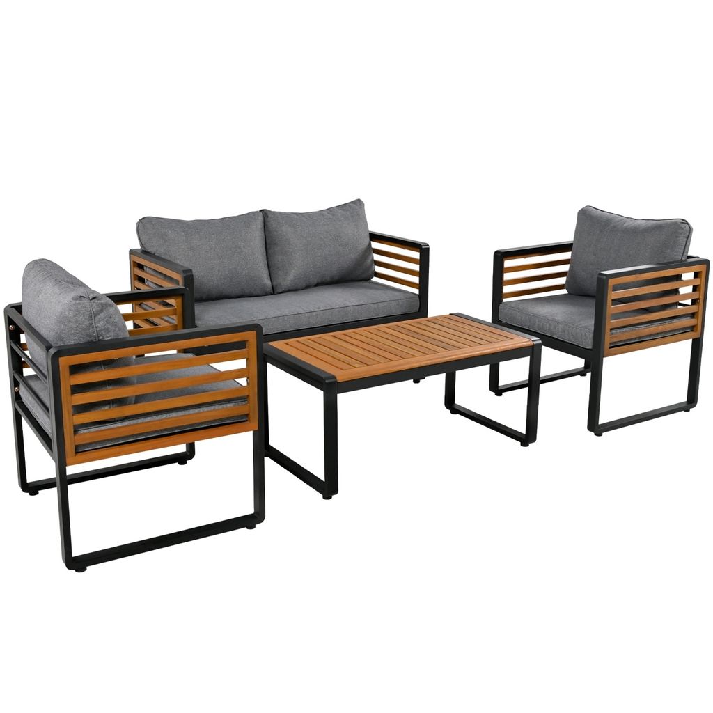 Gartenlounge-Set,Gartenmöbel-Set mit verzinktem Eisenrahmen(4-teiliges Set,1x2-Sitzer-Sofa,2x Einzelstühle,1x Tisch)dekorative Armlehnen aus Holz