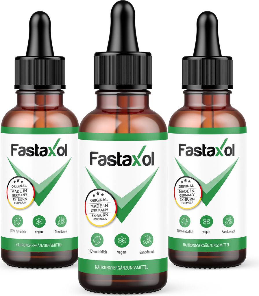 Three bottles of Fastaxol oil complex drops arranged diagonally on a white background.