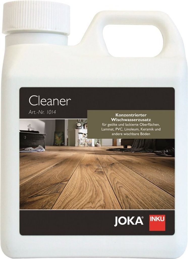 A white plastic bottle of JOKA INKU Cleaner with a label showing a wooden floor.