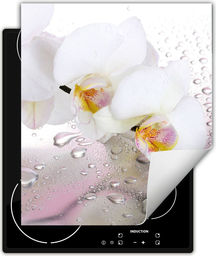 DarHaus Herdabdeckplatte 45x52 cm Anti Rutsch Matte Aufrollbar, weiß - Orchidee