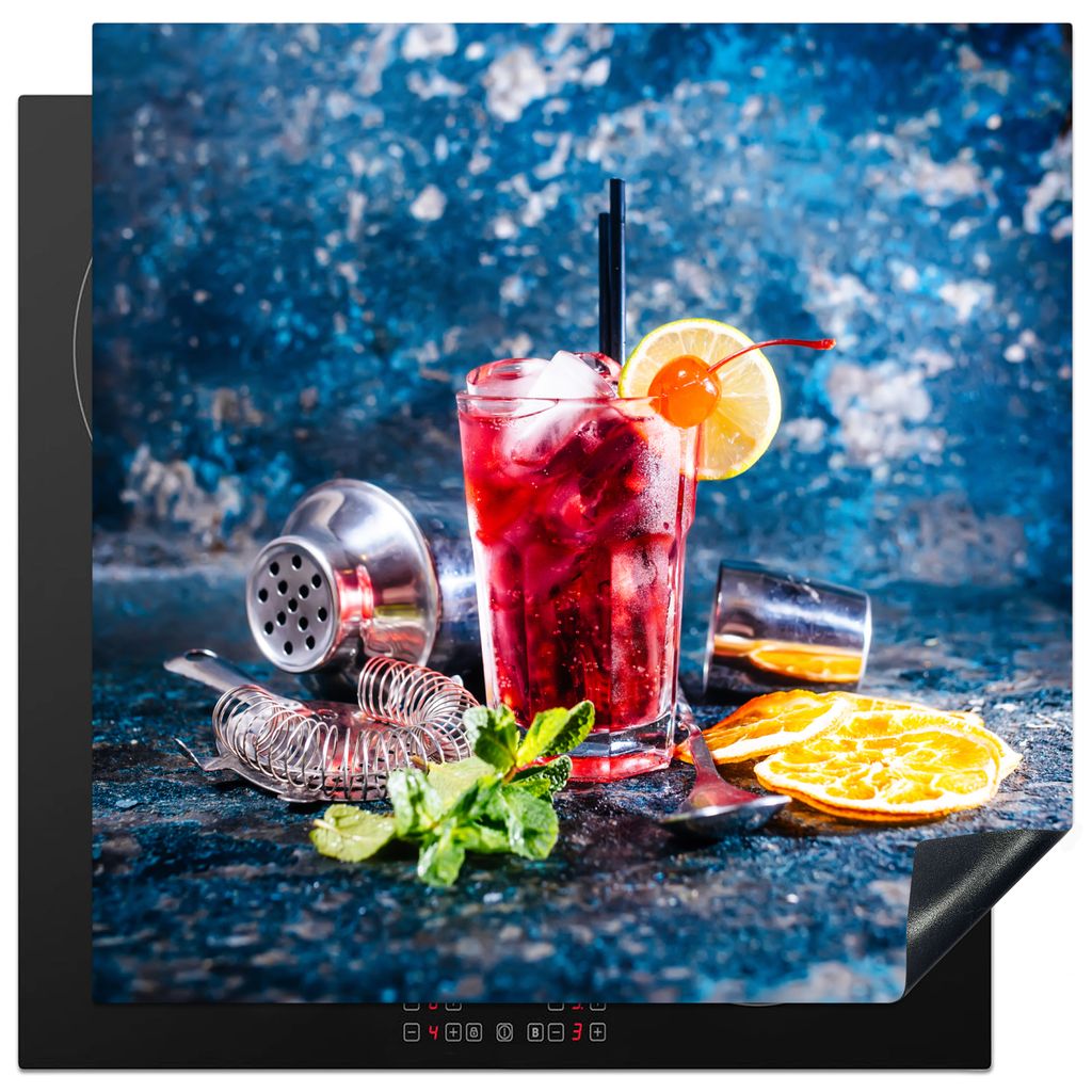 KitchenYeah Herdabdeckplatte Cocktail - Blau - Glas , 78x78cm, Küche Deko, Glaskeramikkochfeld Herdabdeckung, Abdeckplatte fùr Kochfeld