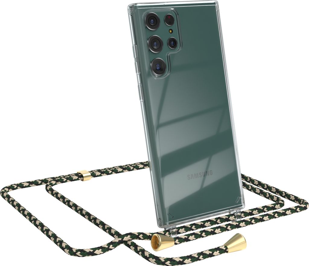 EAZY CASE Handykette kompatibel mit Samsung Galaxy S22 Ultra 5G, Handyhülle mit Umhängeband, Handykordel, Schutzhülle Clear, Band in Grün