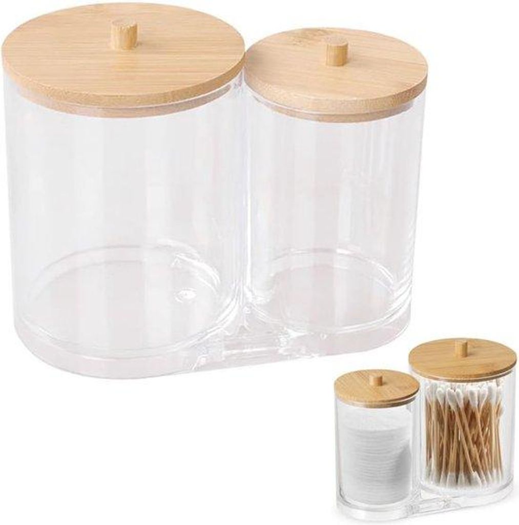 Wattenschijfjes-Organizer mit 2 Holzdeckeln, für Wattenstaab und Wattenballen, Make-up-Spender, Schreibtisch-Organizer