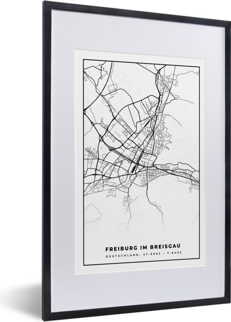 MuchoWow Gerahmtes Poster Karte - Freiburg im Breisgrau - Karte - Stadtplan 40x60 cm - Poster mit Schwarzem Bilderrahmen Wandposter Rahmen Foto B...