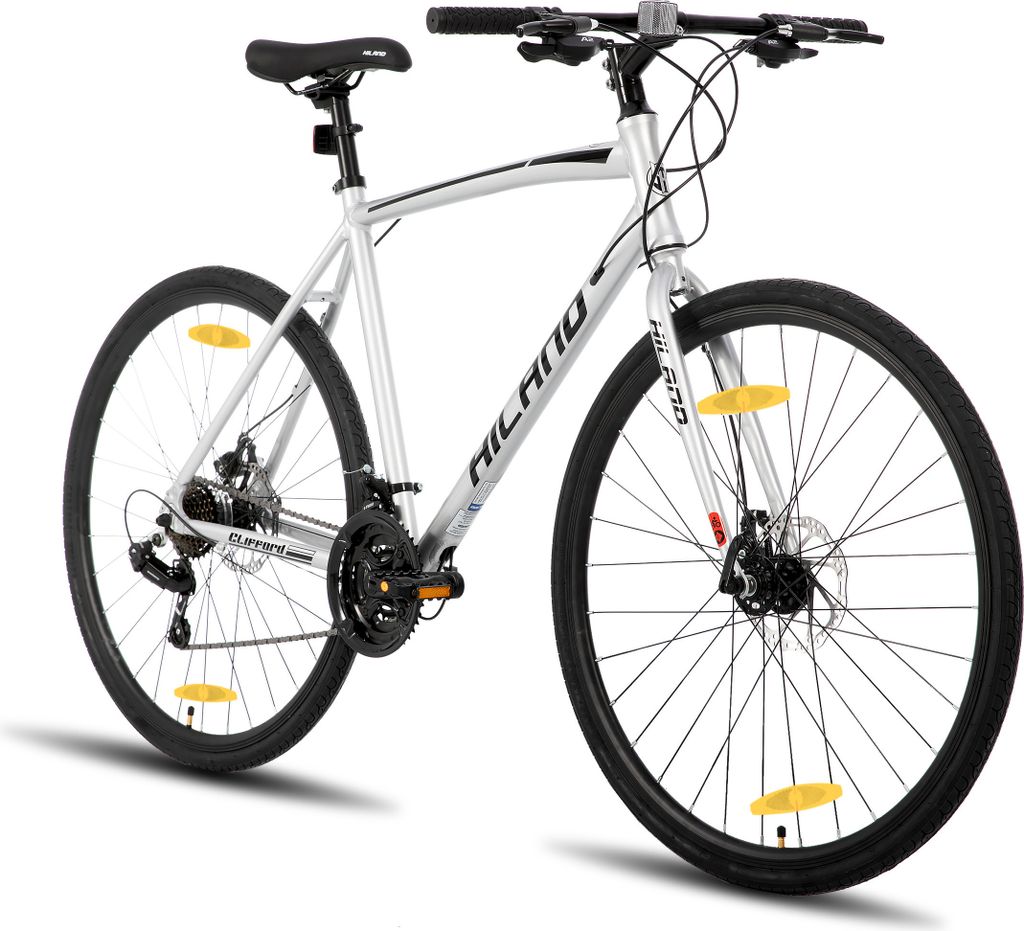 Hiland 28 Zoll Rennrad 700C Trekkingrad Aluminiumrahmen mit 24 Gang-Schaltung Scheibenbremse Racing Bike für Damen und Herren, Silbrig