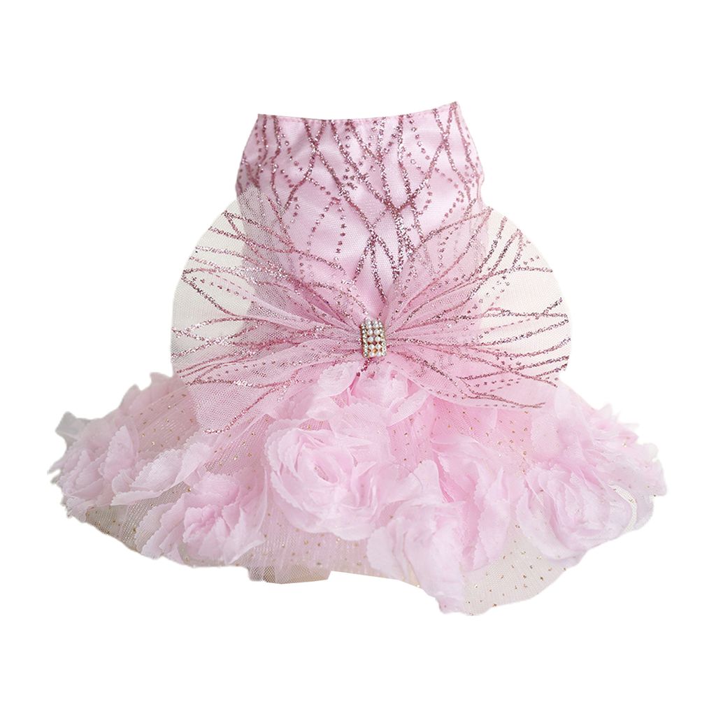 Haustierkleid mit Fliege, 3D-Blumen, Pailletten, Strass-Nachbildung, atmungsaktives Netzgewebe, Zwergspitz, Chihuahua, Welpe, Katze, Kostüm, Haust...