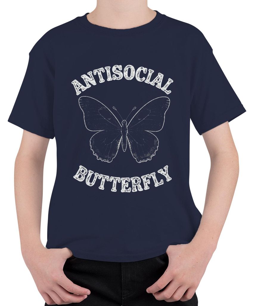 Antisocial Butterfly Schmetterling Vintage Grunge Goth Geschenk Uni Kinder T-Shirt, Navy, 140