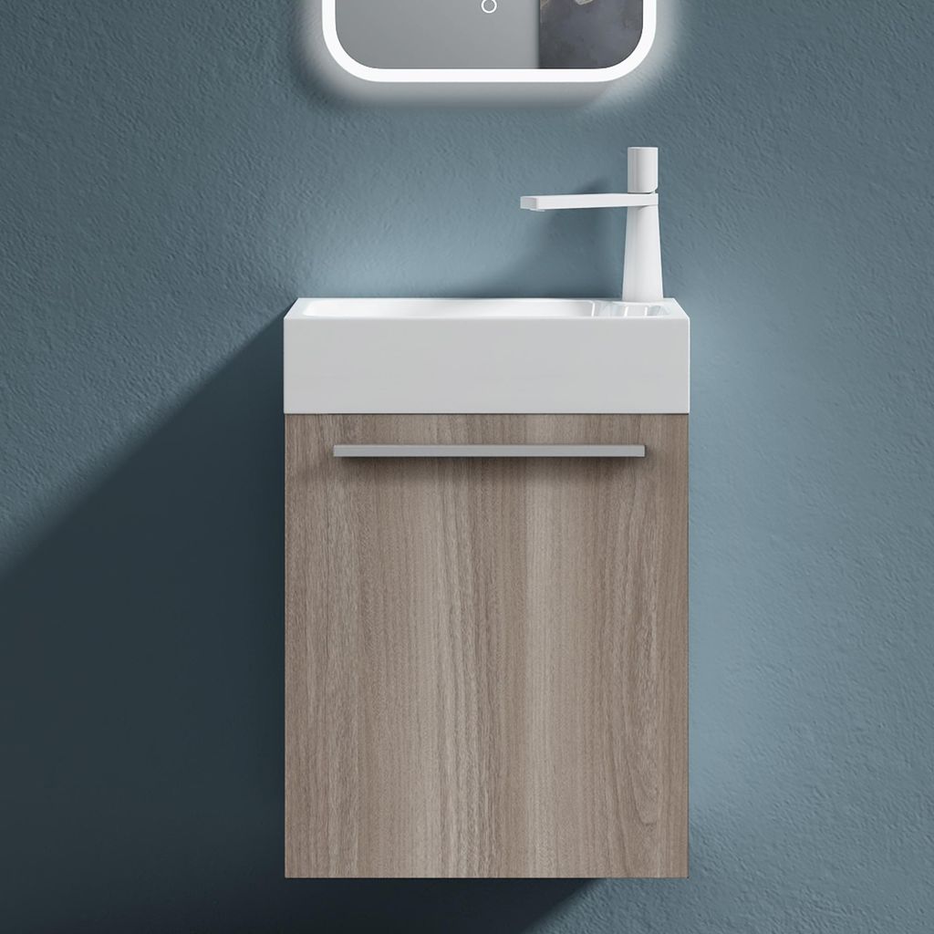 doporro Badmöbel-Set Waschtisch mit Unterschrank in Hell Eiche Waschbeckenunterschrank Gäste WC 46x26x63cm mit matt Weiß Waschbecken Pisa