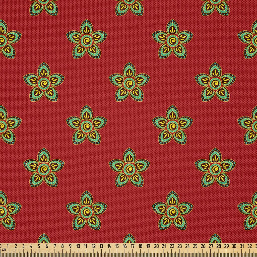 ABAKUHAUS Ethnisch Satin Stoff als Meterware, Mandala Ethnische Blumen mit Kreisen Runden auf Burgunder Hintergrund Artwork, 10 M (148 x 1000 cm), ...