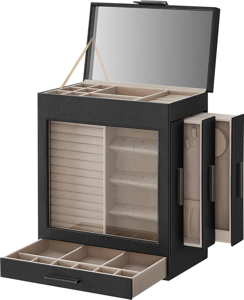 Boîte à bijoux avec couvercle vitré - Coffret noir et argent 30x20x10cm