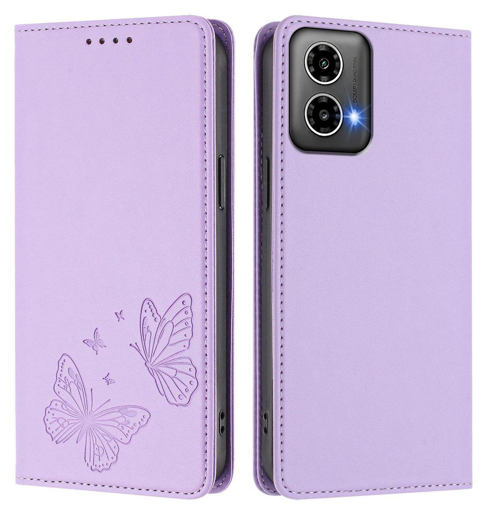 Lederhülle für Motorola Moto G34 / Moto G45, Schmetterling Prägung Leder Brieftasche Schutzhülle mit Ständer Violett