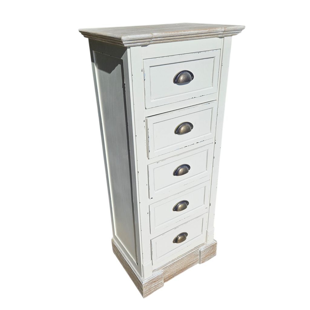 Hochkommode Apotherkommode Landhausstil 5 Schubladen Shabby-Chic Used Look OffWhite