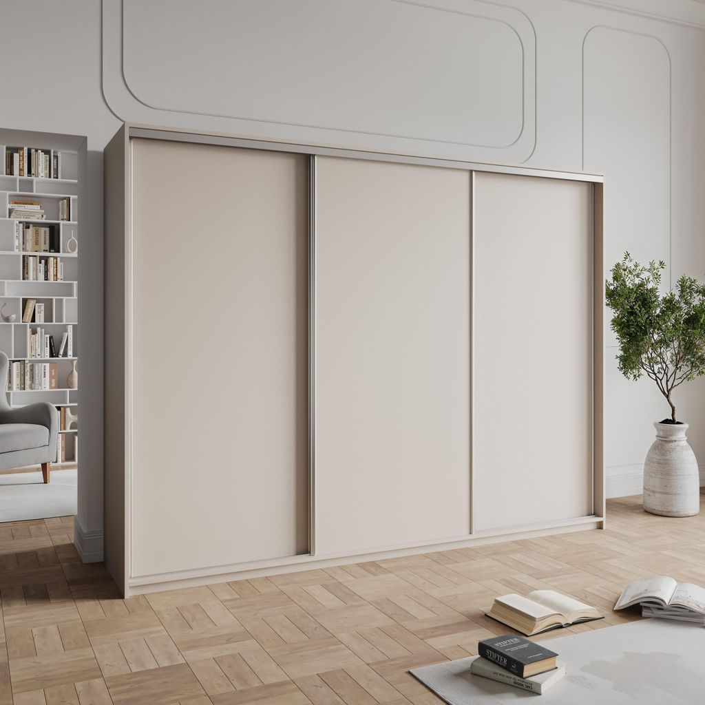 Masseno Schiebetürenschrank NISSE 250/205/60 cm Kleiderschrank mit 4 Schubladen Schlafzimmer Schrank 3-türig Kaschmir