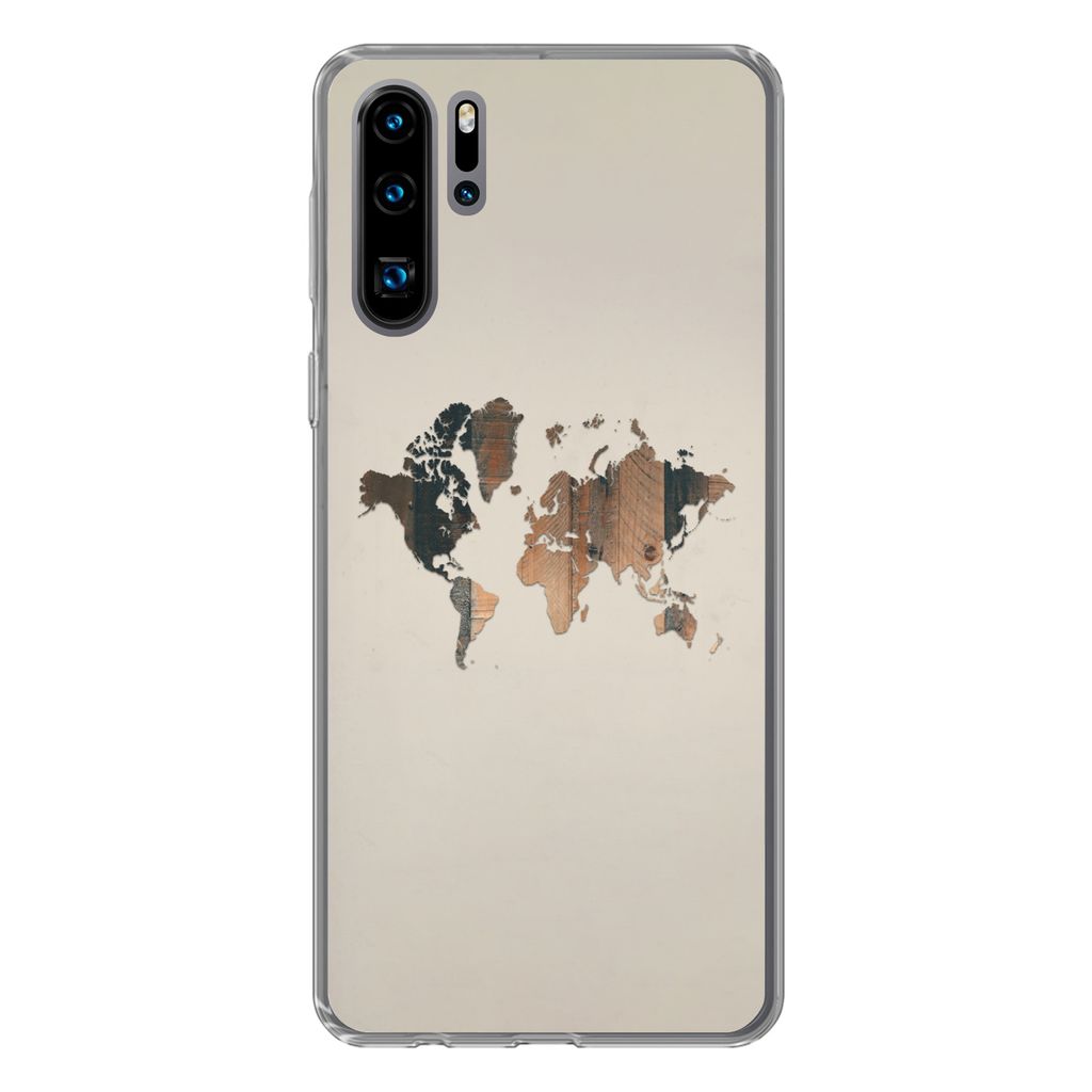 MuchoWow Handyhülle Schutzhülle Hülle für Huawei P30 Pro Weltkarte -Holz - Regal Silikon Softcase Handy Hülle - Schutzdeckel