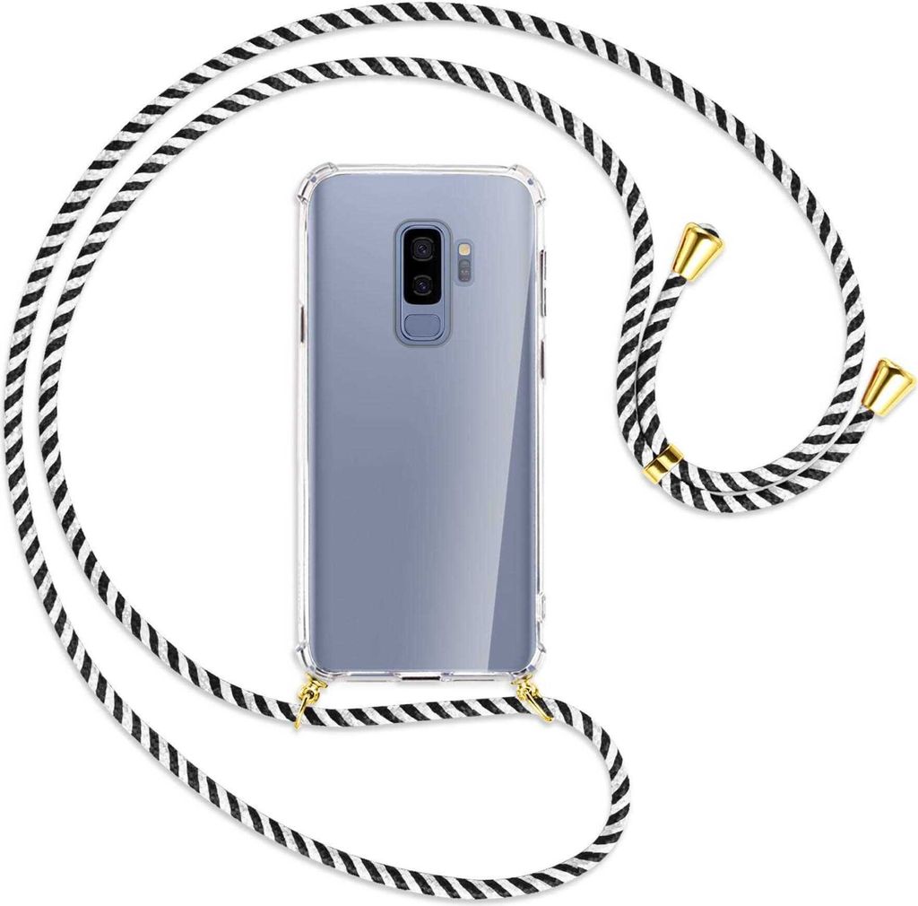 Handykette Backcover-Schutzhülle mit Band (Metall goldfarben) für Samsung Galaxy S9+ / S9 Plus - schwarz/weiß gestreift