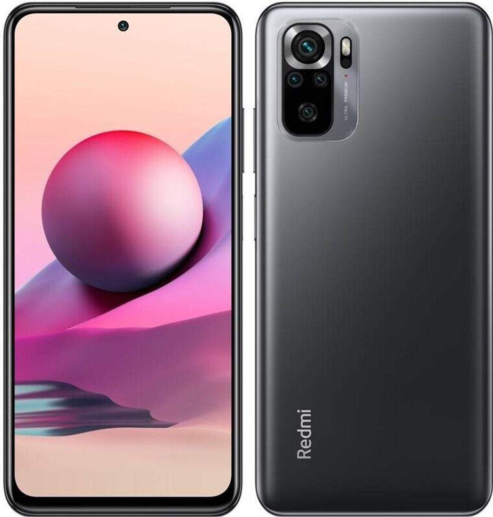 Front and back view of a Xiaomi Redmi Note 10S smartphone in Onyx Gray.