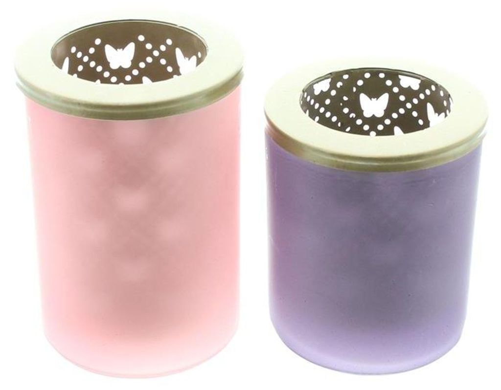 2x Teelichthalter "Schmetterling" aus Glas, Violett & Rosa, 12 + 14 cm hoch, Windlichtglas, Teelichtglas
