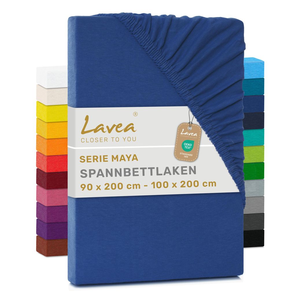 Lavea Spannbettlaken 90x200cm - 100x200cm Maya Jersey, Bettlaken 100% Baumwolle, Matratzen bis 20 cm, Spannbetttücher, Royalblau