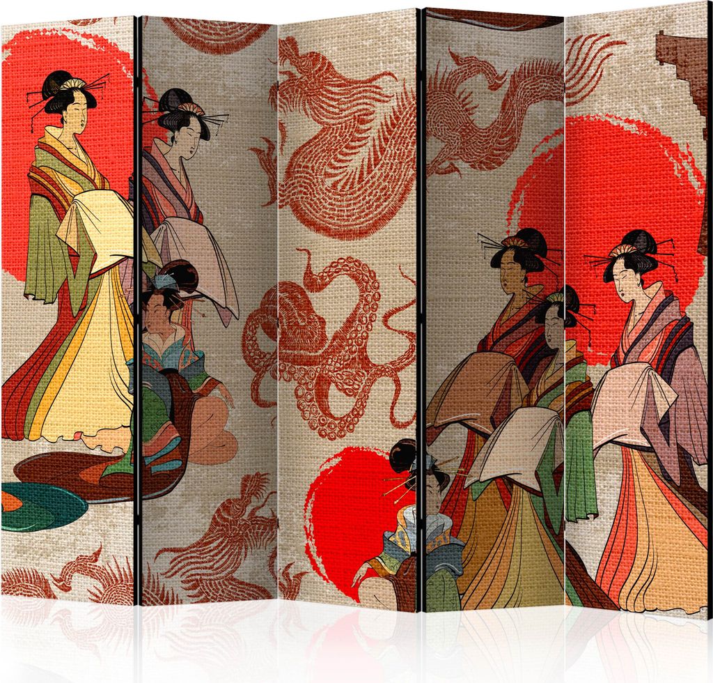 Neuheit! Dekorativer Paravent Raumteiler Trennwand Foto-Paravent Spanische Wand XXL GEISHA JAPAN 225x172 cm p-B-0048-z-c