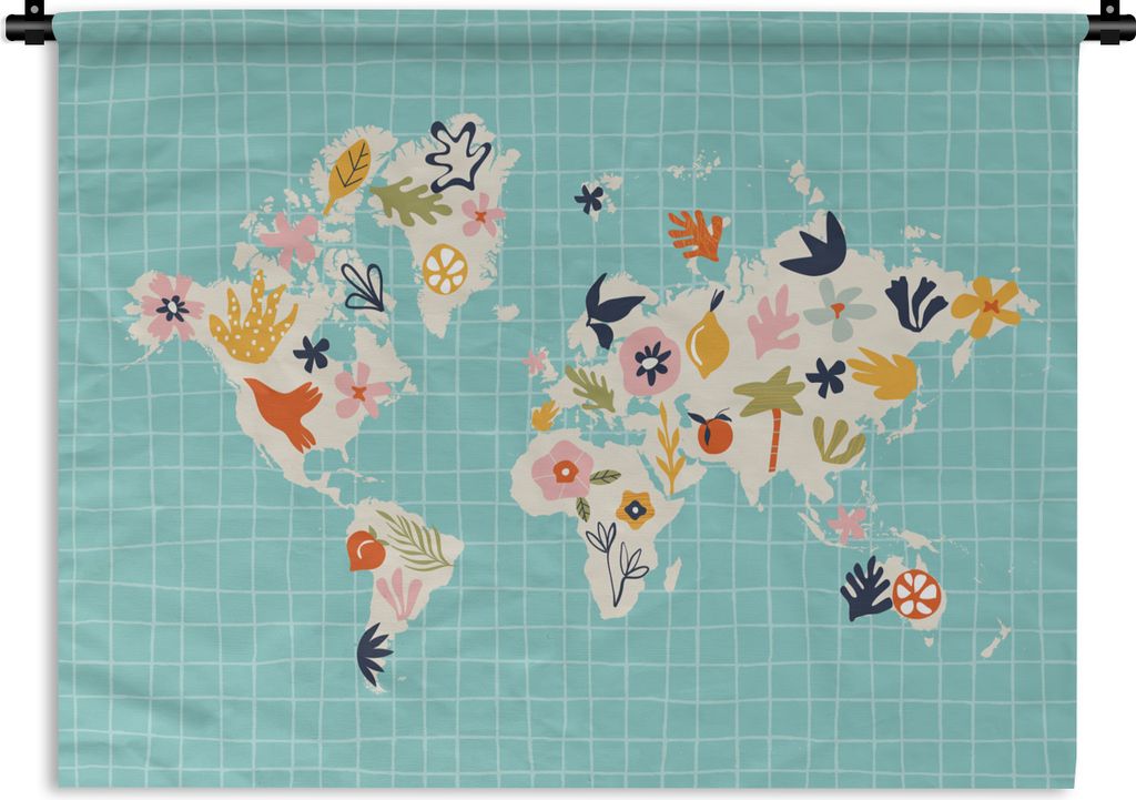 MuchoWow Wandteppich Wandbehang Karte - Welt - Blumen - Obst 150x112 cm Tapisserie Dekoration Wandtuch - Wanddecke - Wandteppiche