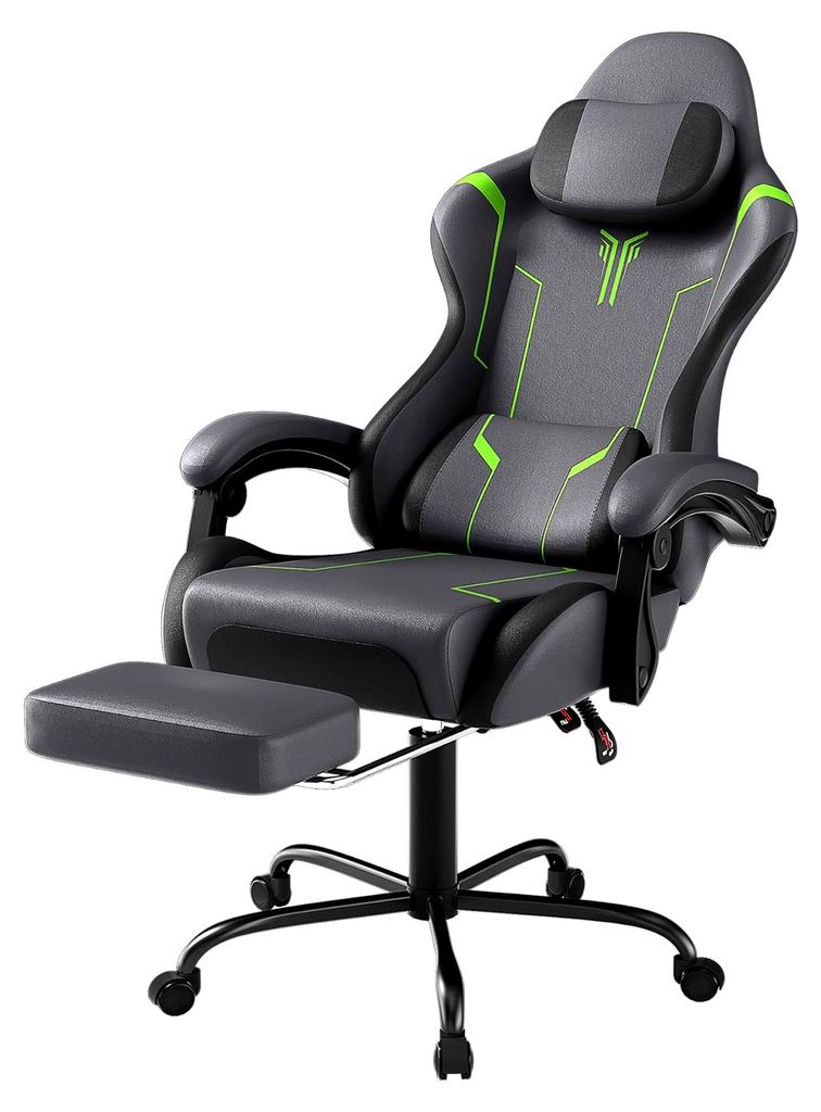 Gaming Stuhl mit Massagefunktion in Grau - Ergonomischer Bürostuhl mit Fußstütze, Kopfstütze und Lendenkissen