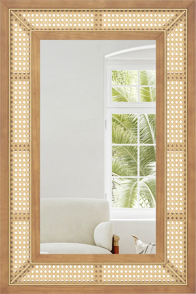 Grand Miroir Rectangulaire Rotin et Bois 90x60cm Montage Double Sens HD