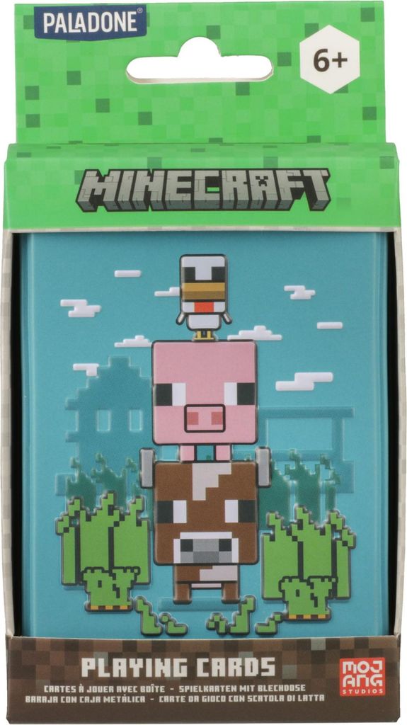 The image shows the front of a Minecraft-themed playing card tin box.