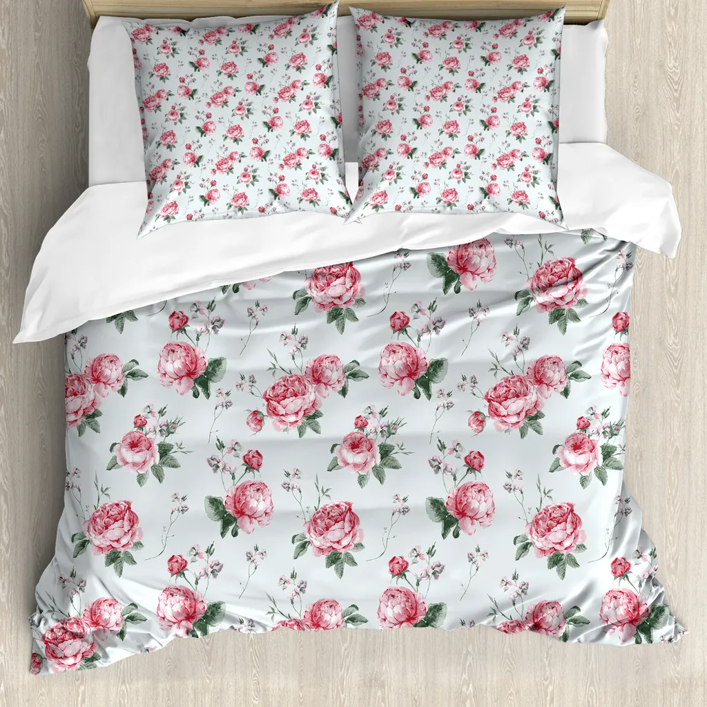 Set Copripiumino Matrimoniale ABAKUHAUS Fiori Rose Verde Mandorla