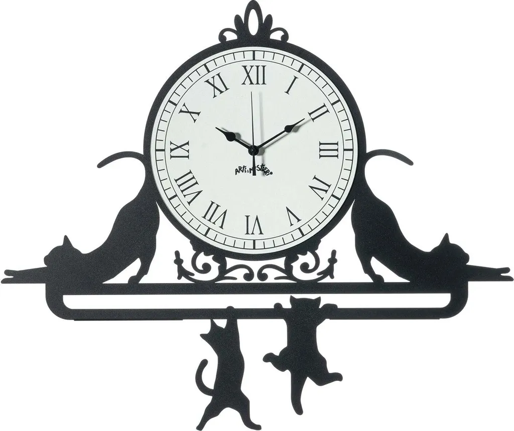 Horloge murale salon design italien fer 62 cm motif chats Cattitude noir
