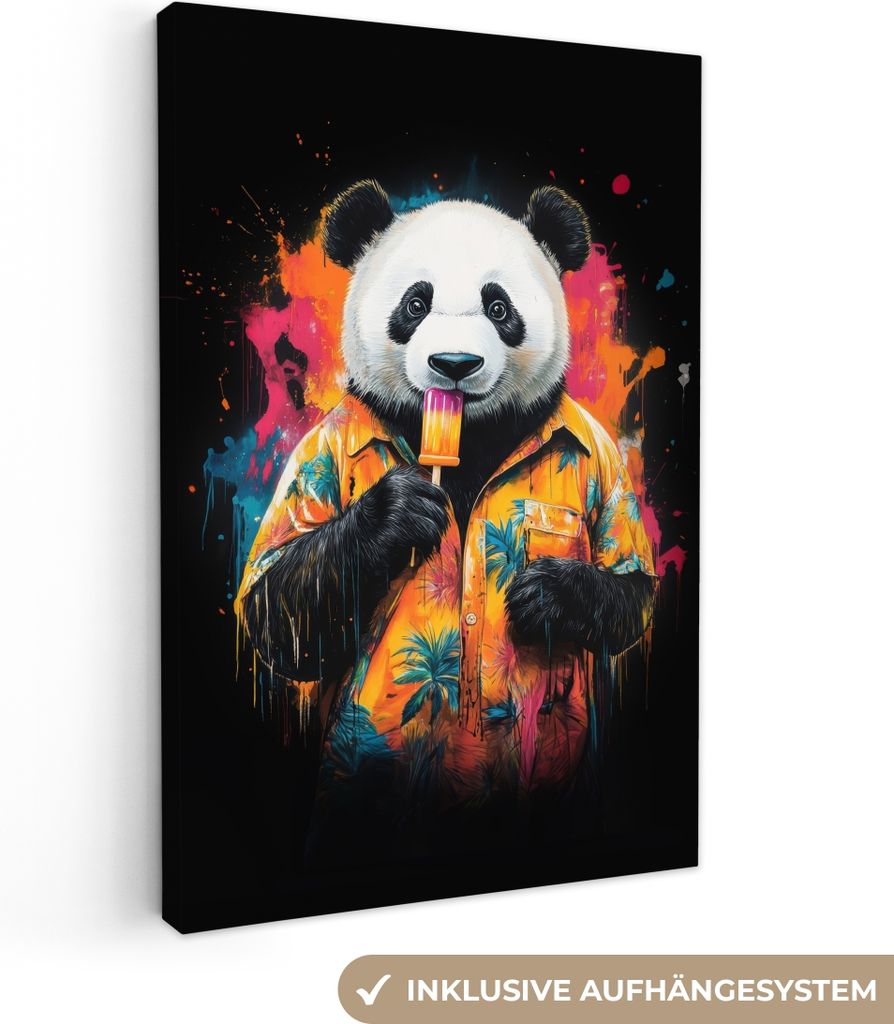 MuchoWow - Leinwandbilder - Graffiti - Sommer - Panda - Eiscreme - Tier, Wandbild, Wanddeko Bilder Wohnzimmer, 40x60 cm