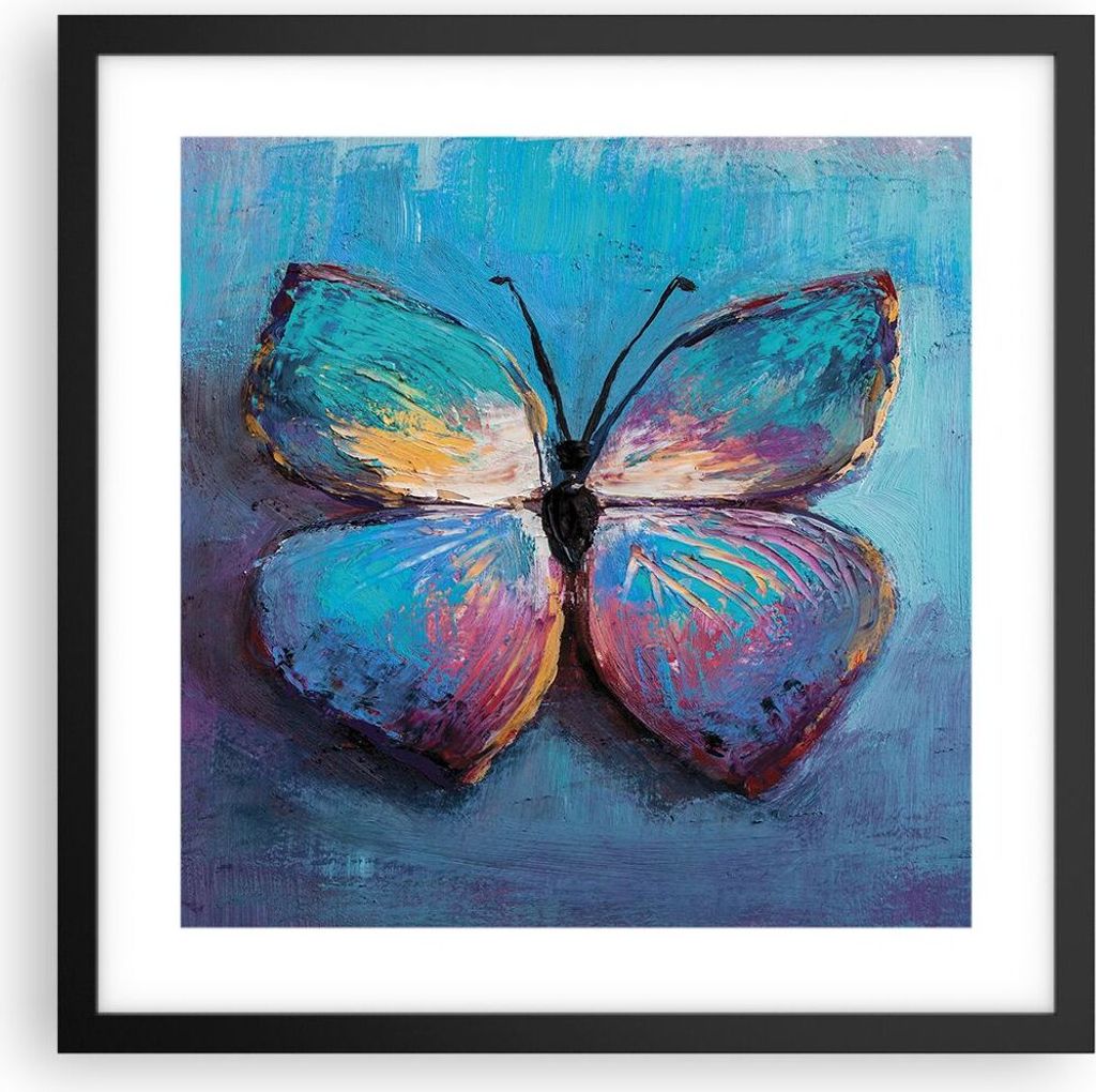 Gerahmtes Poster - Schwarzer Rahmen - Handschriftlich Schmetterling Blau - 40x40 cm - Wand Bild - Wanddeko - Wandbilder - Kunstposter - Wandposter ...