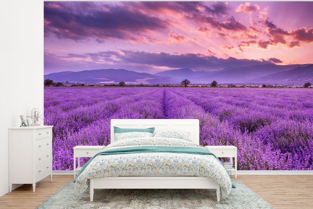 MuchoWow Fototapete für Wohnzimmer oder Schlafzimmer Wandtapete Vinyl Motivtapete Lavendel - Lila - Blumen - Feld - 295x220 cm - Wand Tapete