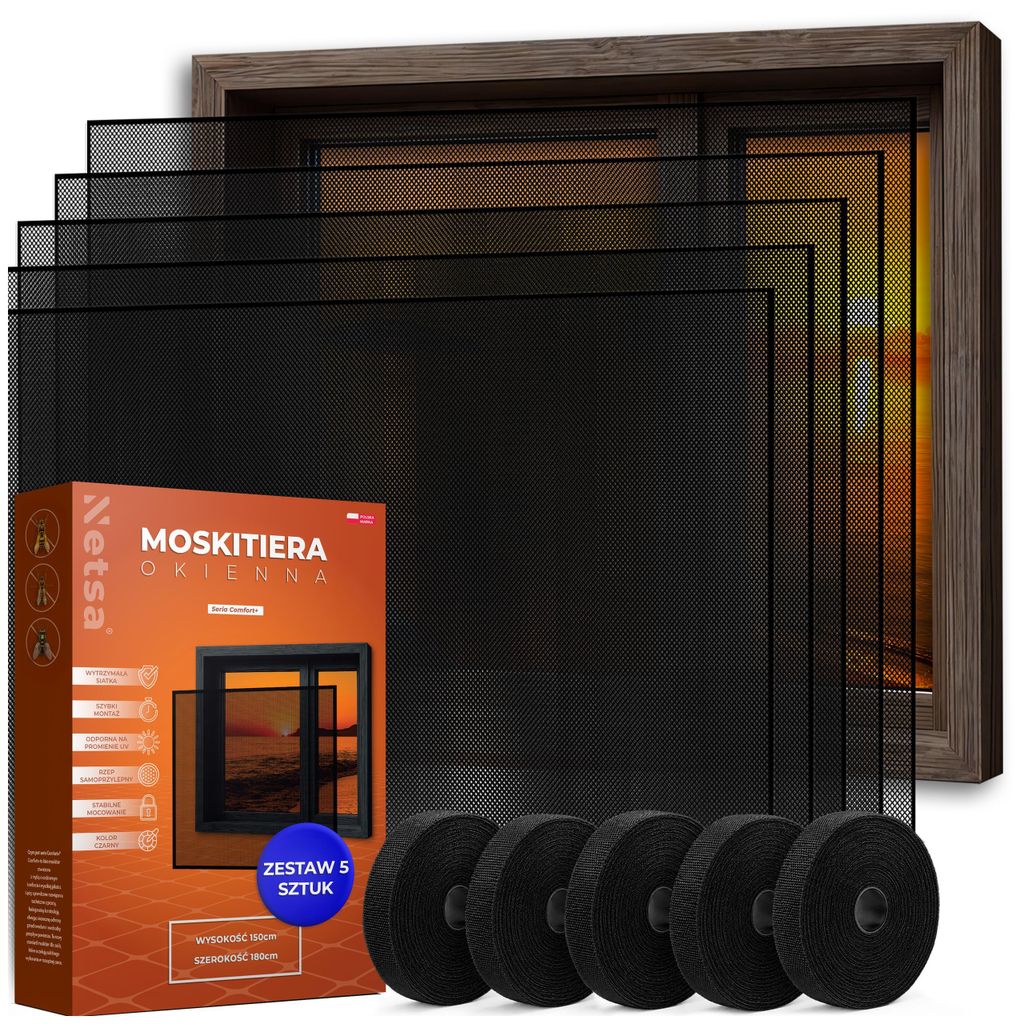 Netsa | 5er Set Fenster Moskitonetz 150x180 cm Schwarz – Fliegengitter Für Fenster Mit Selbstklebendem Klettband
