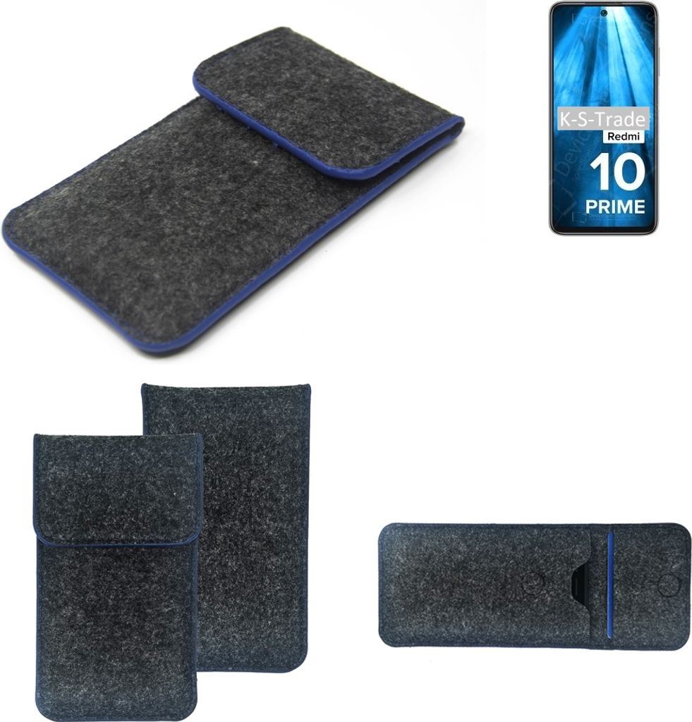 K-S-Trade Handy-Hülle Schutz-Hülle kompatibel mit Xiaomi Redmi 10 Prime Filztasche Pouch Tasche Case Sleeve Filzhülle dunkelgrau, blauer Rand