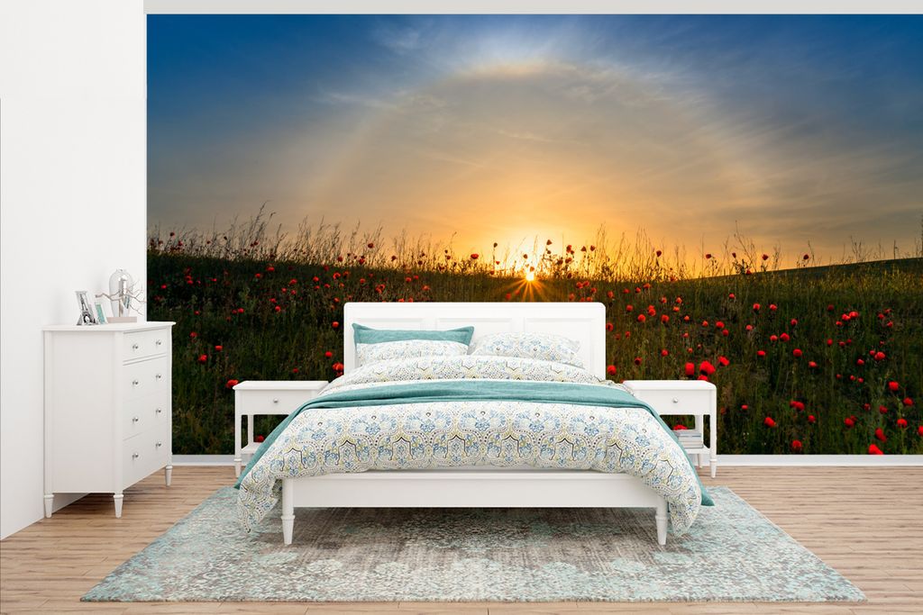 MuchoWow Fototapete für Wohnzimmer oder Schlafzimmer Wandtapete Vinyl Motivtapete Sonnenaufgang über einem Mohnblumenfeld - 465x260 cm - Hinter...