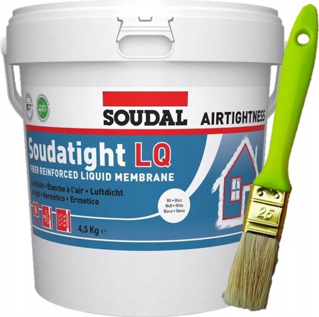 A bucket of Soudal Soudatight LQ liquid membrane with a paintbrush next to it.