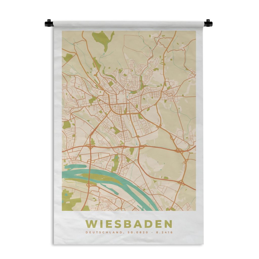 MuchoWow Wandteppich Wandbehang Stadtplan - Wiesbaden - Stadtplan - Vintage 120x180 cm Tapisserie Dekoration Wandtuch - Schlafzimmer - Dekoration...