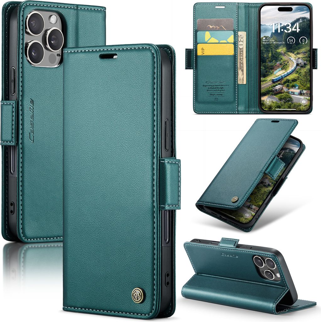 Lederhülle für iPhone 16 Pro Max Brieftasche Kartenfach Schutzhülle mit Standfunktion Grün