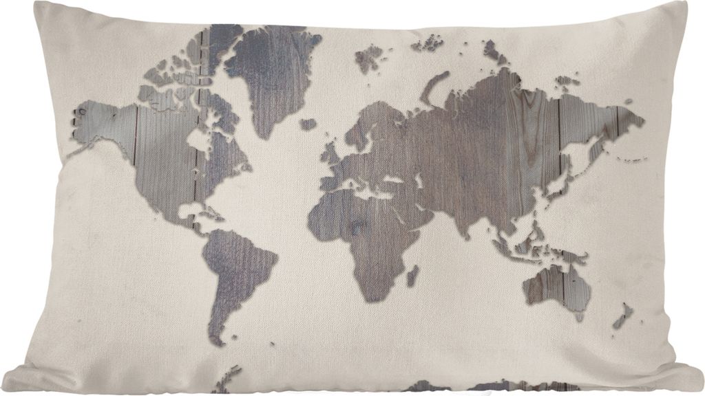 MuchoWow Zierkissen Sofakissen Wohnzimmer Dekokissen 50x30 cm Weltkarte - Holz - Grau - Wohnzimmerdekoration - Polster mit Photo