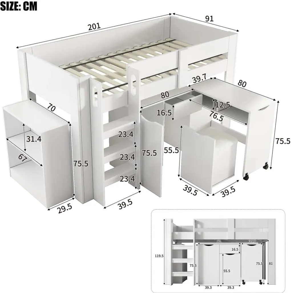 AIORBER Lit superposé 90x200 avec bureau et armoire en MDF blanc - 3