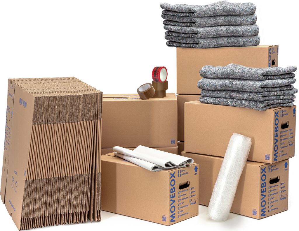 Umzugsset 4-5 Zimmer Wohnung 125 Umzugskartons zweiwellig + 8 kg Packseide + 3 Rollen 0,5 x 5 m Luftpolsterfolie + 2 Rollen 1,0 x 5 m Luftpolsterfo...