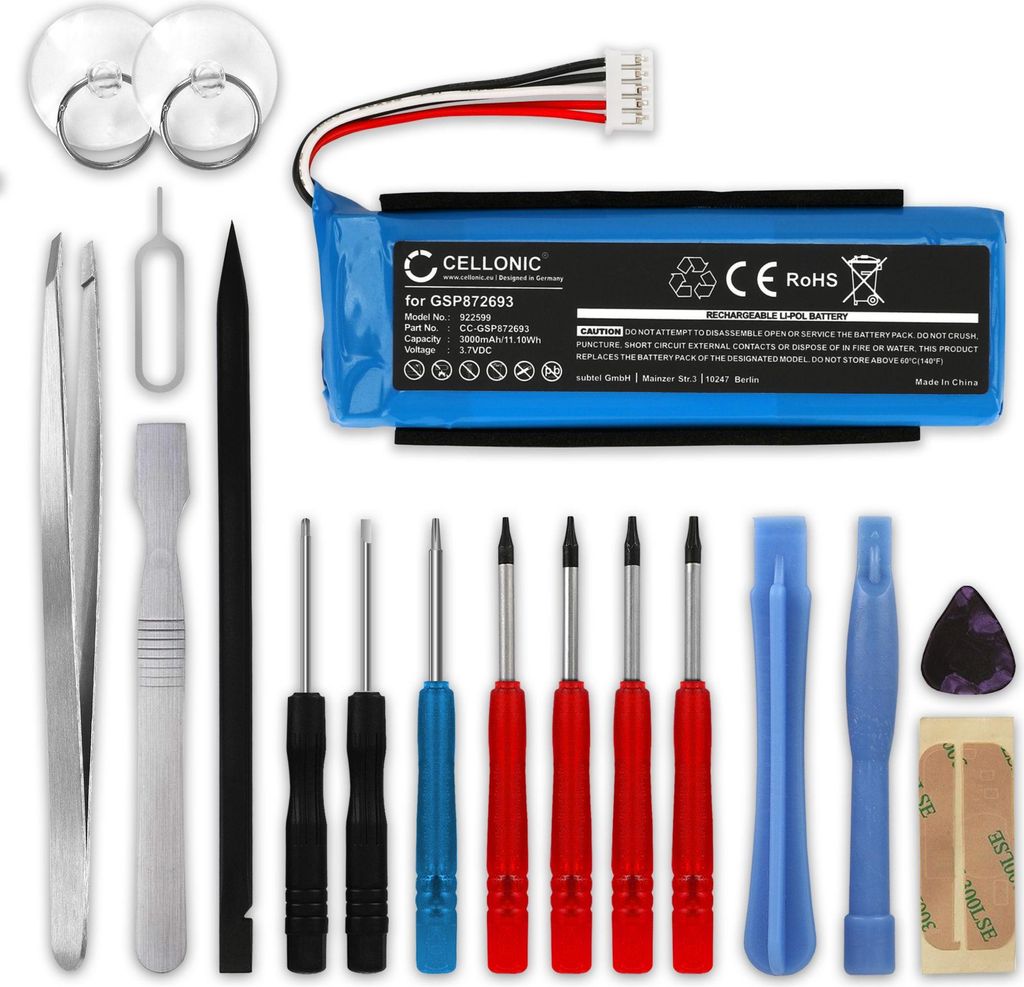 CELLONIC 1x Akku für Lautsprecher Kompatibel mit JBL Flip 3, GSP872693 - (3000mAh, 3.7V) + Werkzeug-Set