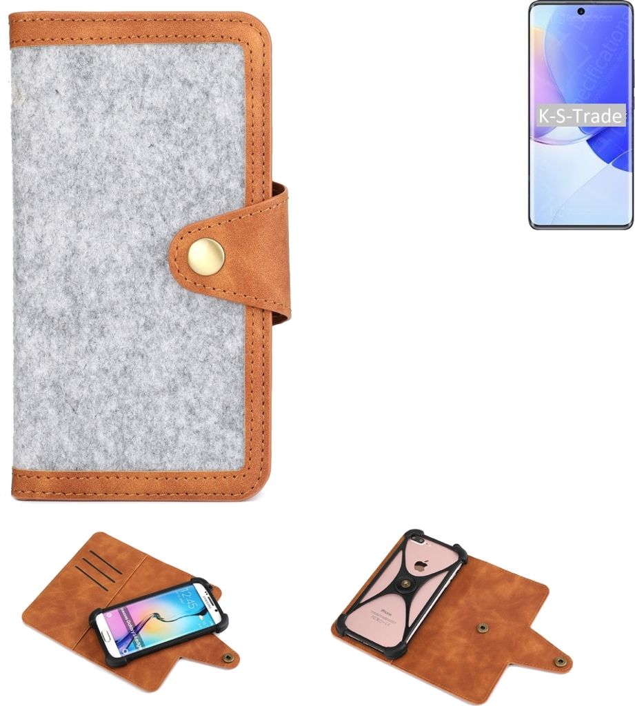 K-S-Trade Handyhülle kompatibel mit Huawei nova 9 Schutzhülle Filz-Hülle Kunst-Leder hellgrau braun (1x)