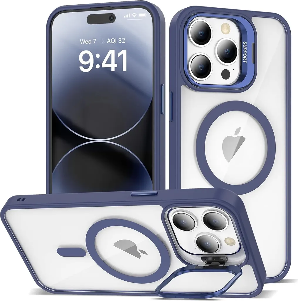 Custodia magnetica per iPhone 12 Pro Max, compatibile con MagSafe, retro trasparente, paraurti in TPU, custodia con supporto per fotocamera Blu scuro