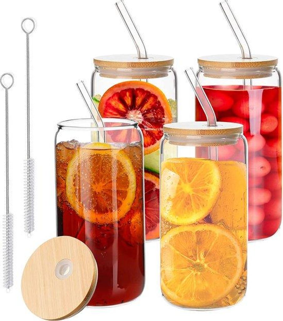 4 Stück Geträngegläser mit Deckel und Stroh, Bubble Tea-Becher, Eisgetränk, 500 ml, Cocktailgläser für Bären, Eisgetränkbecher für Milchsc...